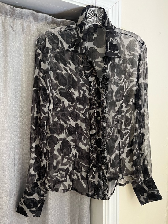 Passport Other - Vtg Sheer Silk Black & Grey Floral Ruffle Button-Up Shirt S/M Passport